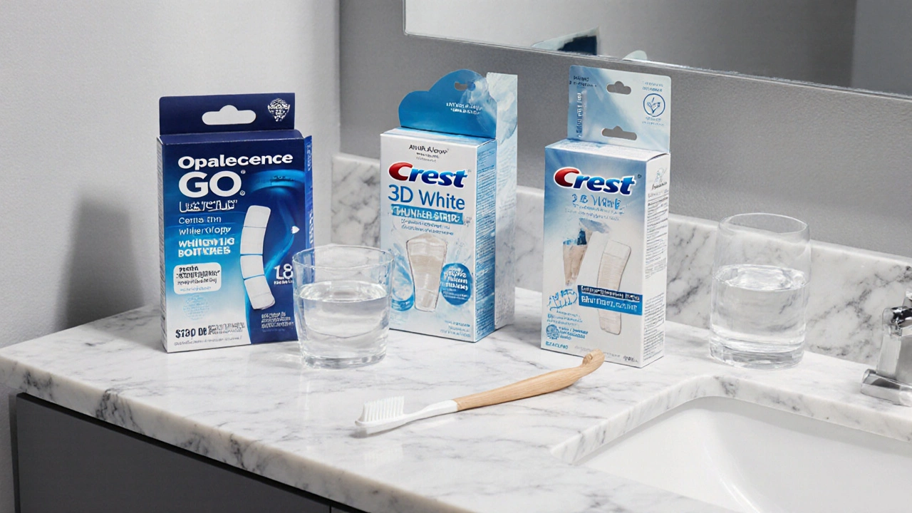 Tři značky bělicích pásek na koupelnové desce.