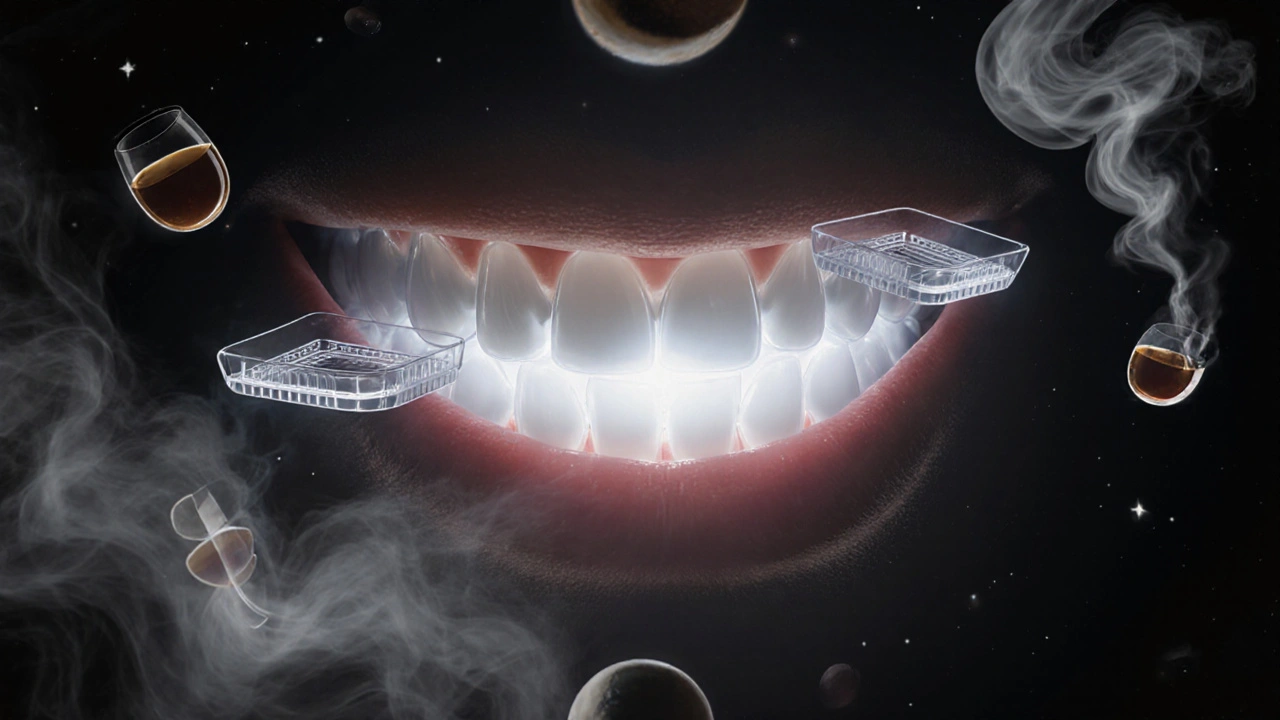 Úsměv se proměňuje z šedé do bílé barvy, kolem něj se rozptylují zbytky kávy a nikotinu.