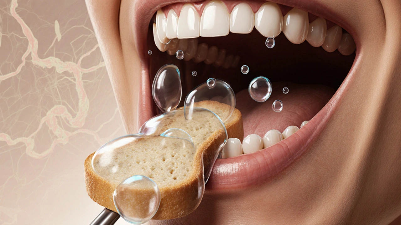 Vnitřek úst s předními zuby řežícími chléb a slinami pokrývajícími kousky.