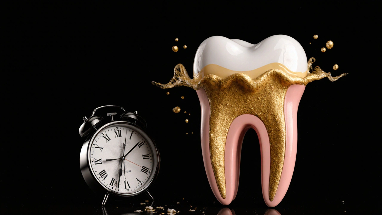 Vnitřní tlak v zubu s vytékající hnisovou vlnou a rozpadající se plombou