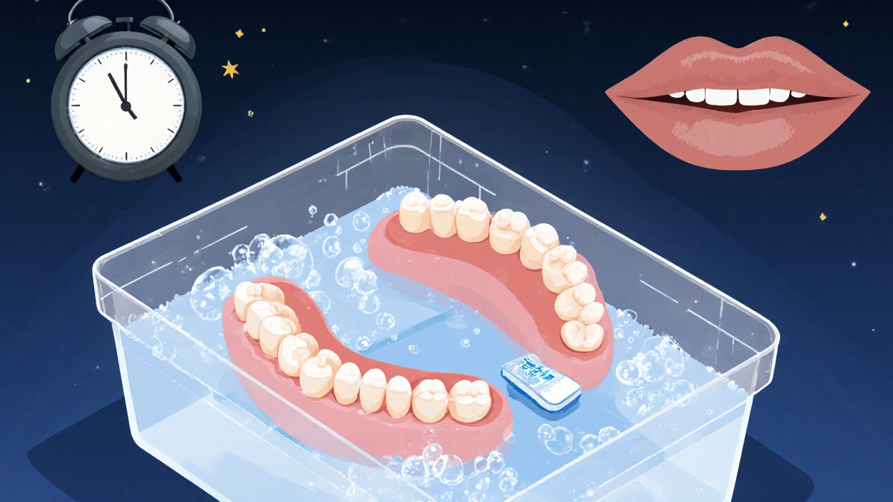 Vyjaté zuby plovoucí v čisticím roztoku v nádobce ve tmě.