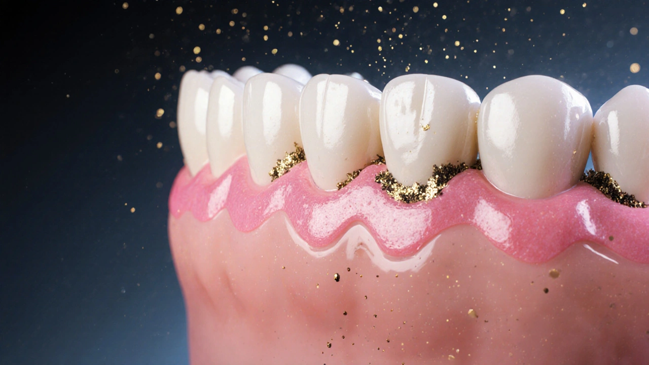 Zdravé dásně se obnovují po čištění, fluoridový gel září na zubech, tmavé nánosy se rozpouštějí.