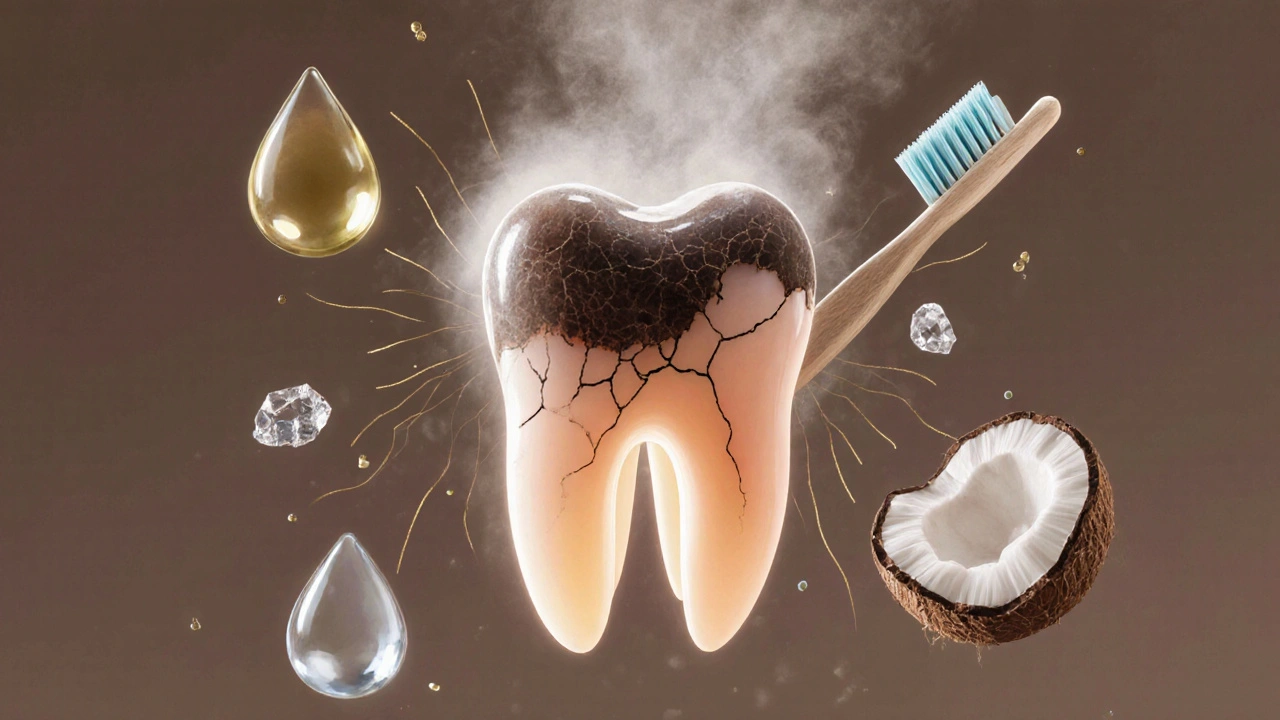 Zub s kamenem, který se rozpadá do vůně, nahrazen zdravou sklovinou a přirozenými prvky péče.