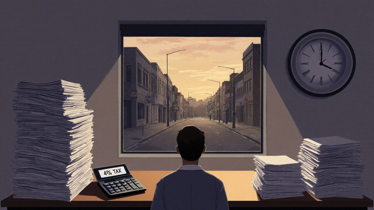 Zubař stojí v prázdné ordinaci v soumraku, kolem něj hromady finančních dokumentů a hodiny ukazují pozdní hodinu.