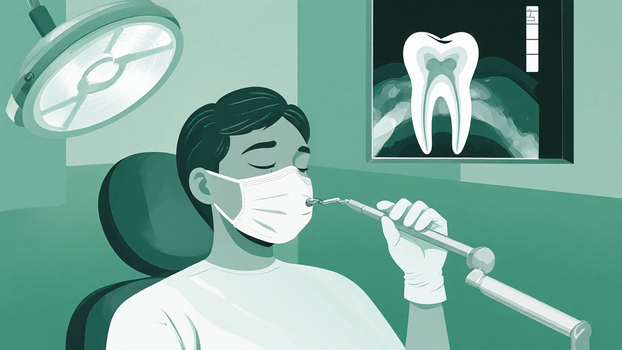 Zubní lékař vytrhává zub v klinice, pacient je klidný, používá speciální nástroje.