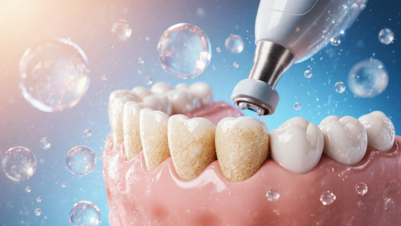Zuby s odstraňovaným náhlukem a kameny, vodní kapky a částice plaku ve vzduchu, čistá sklovitina se objevuje.