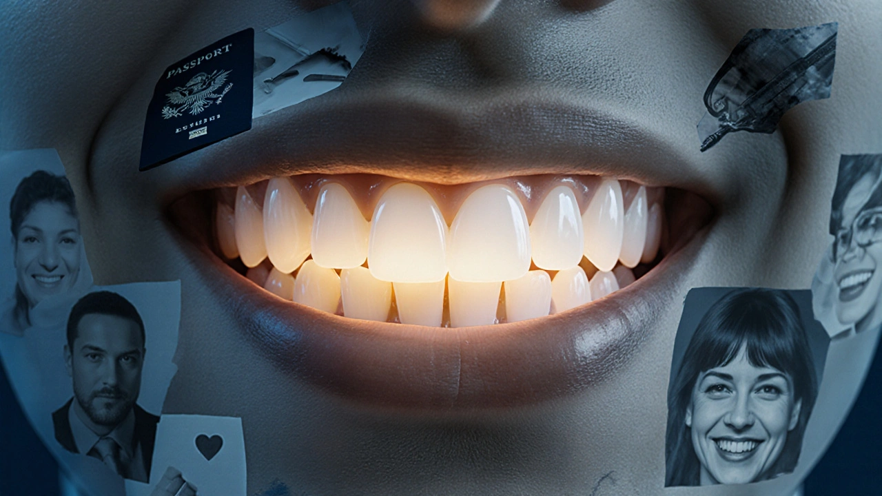 Zuby s tetracyklinovým zbarvením se mění v čisté keramické vložky, symbolicky odstraňující stigma.