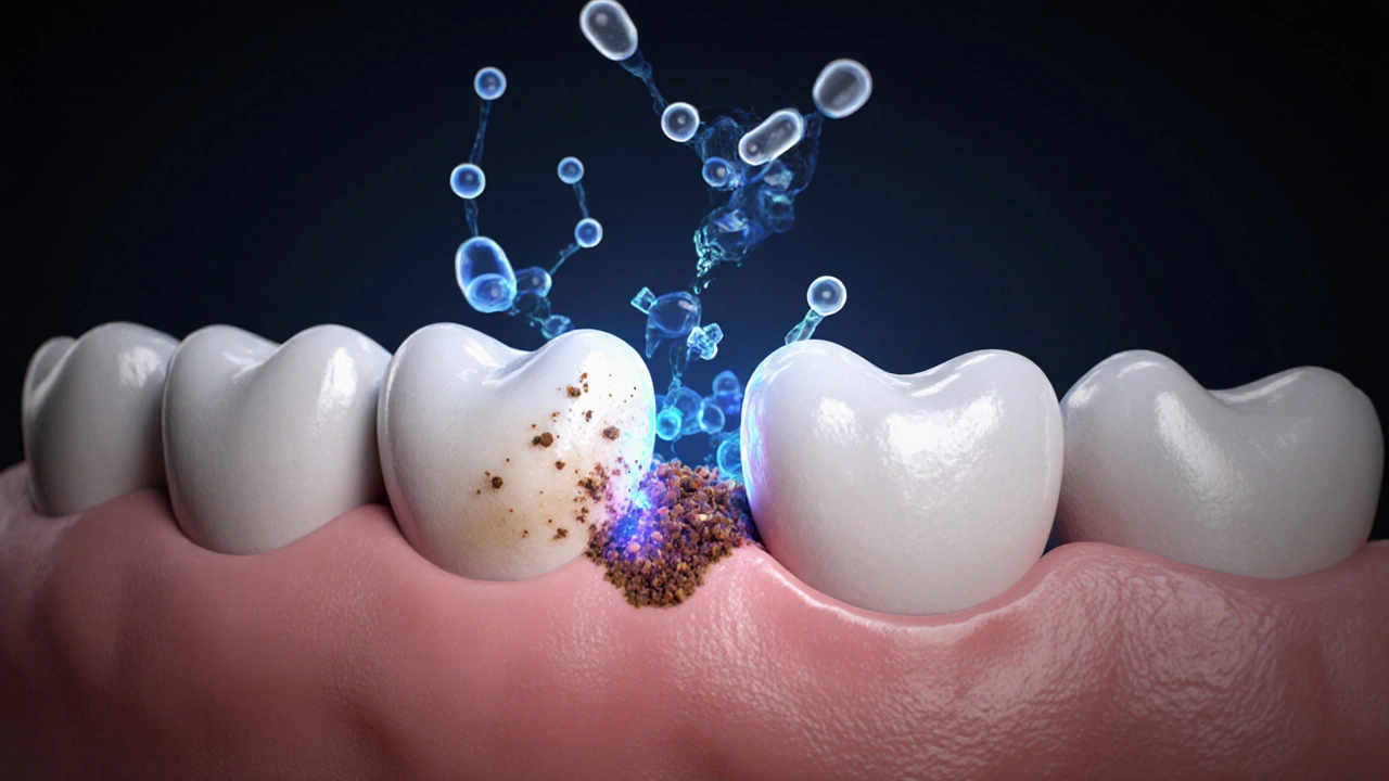 Zvětšený řez zubem s molekulami bělící látky a hydroxyapatitem.