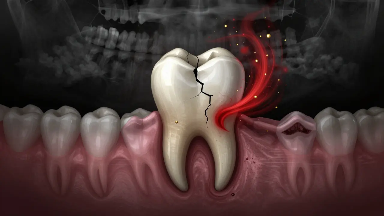 Abces v kořeni zubu s viditelnou infekcí a rentgenovým přehledem skryté škody.