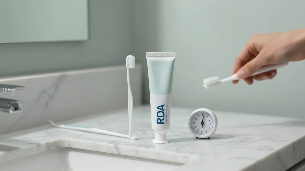 Bělící pasta s označením RDA 95 a časovačem na koupelně, symbolizující správné použití.