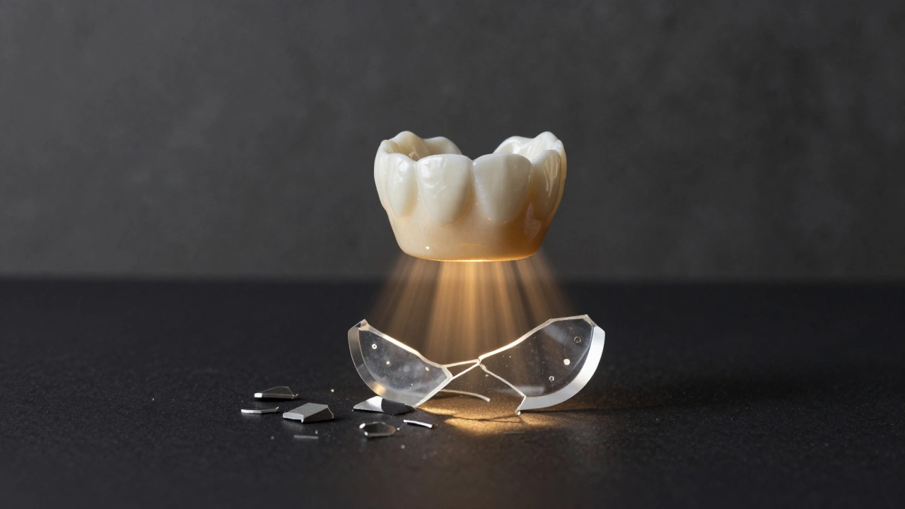 Broken acrylic pre-fixture beneath a pristine dental veneer, symbolizing its essential role in durability.