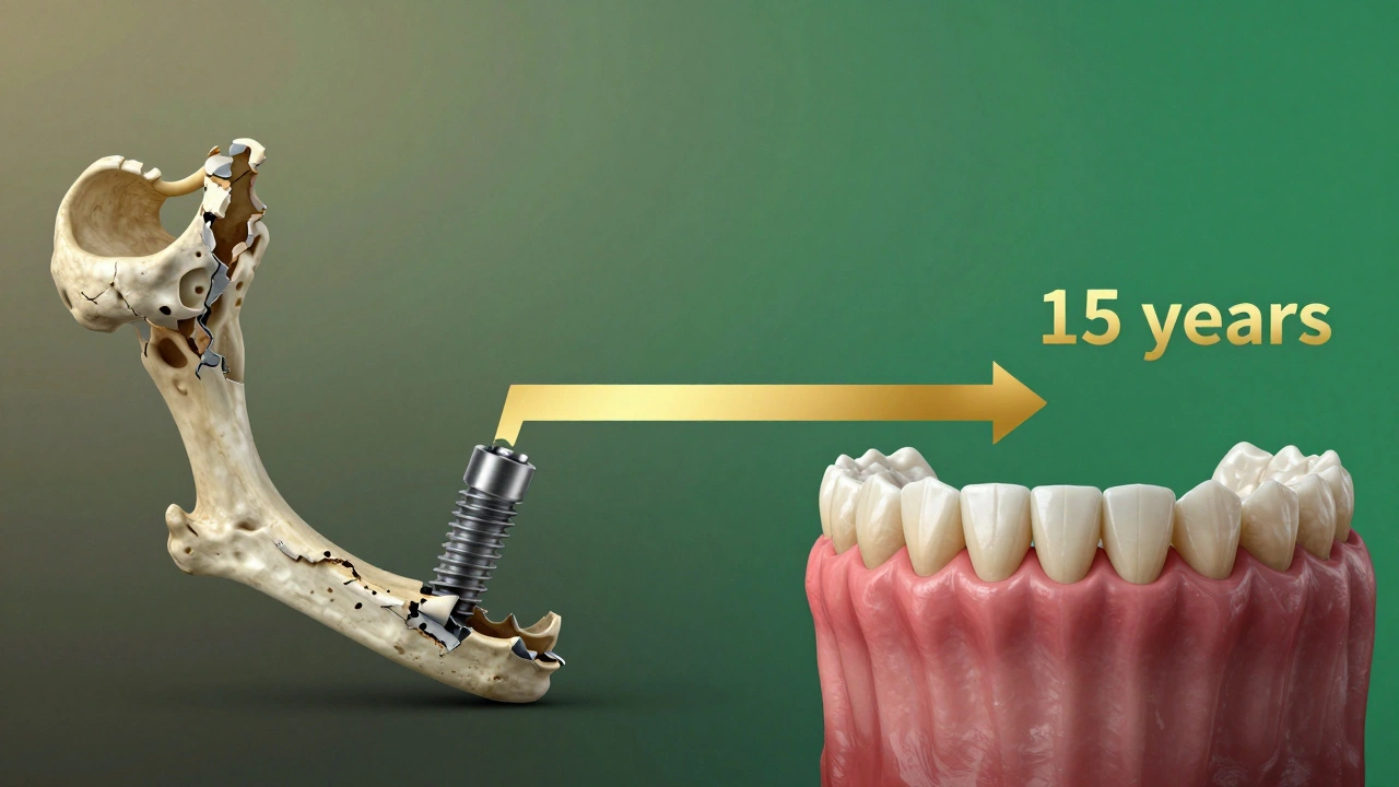 Časová osa: degradující most proti trvalému implantátu s označením 15 let.