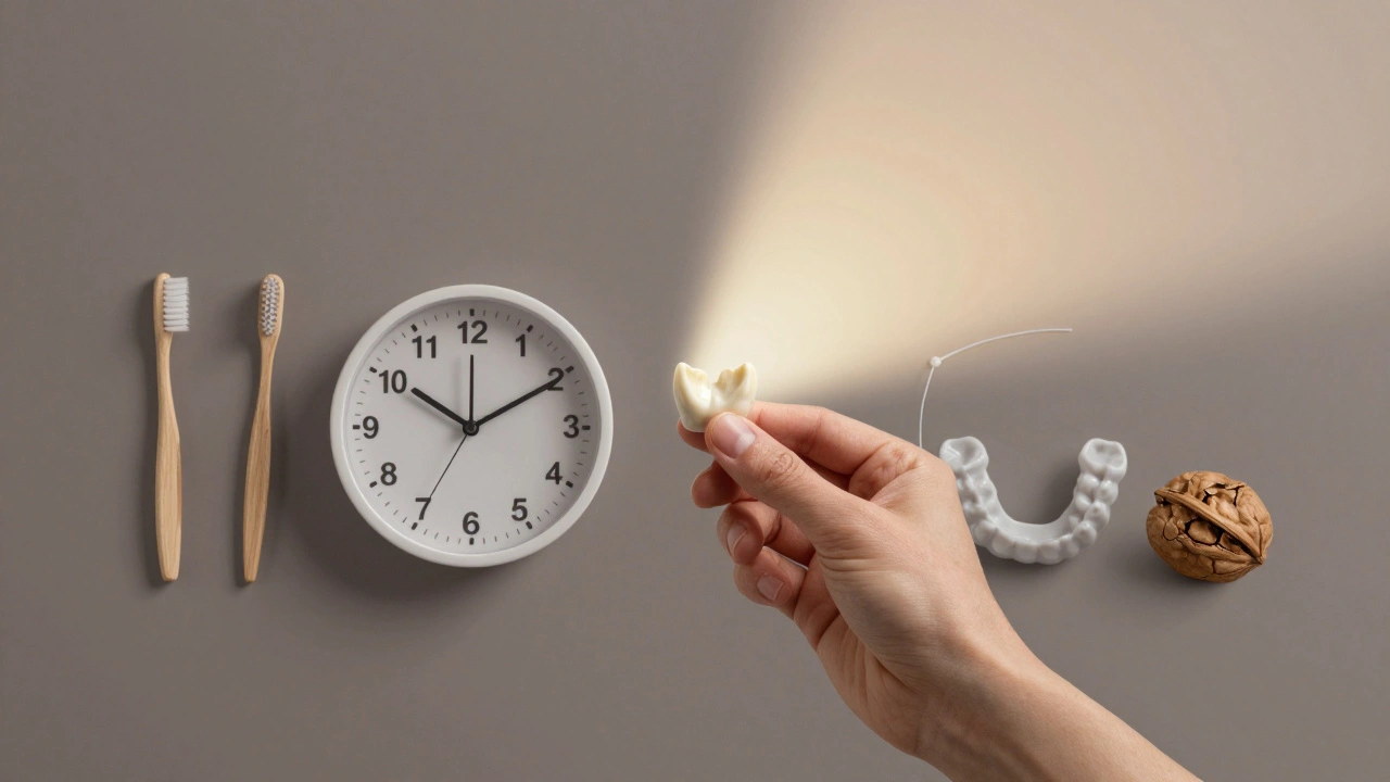 Ceramic crown next to a clock showing 5 to 25 years, surrounded by oral care items.