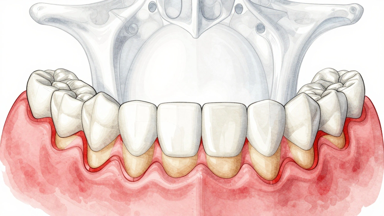 Cross-section of teeth showing precise contact points during biting with pressure zones highlighted.