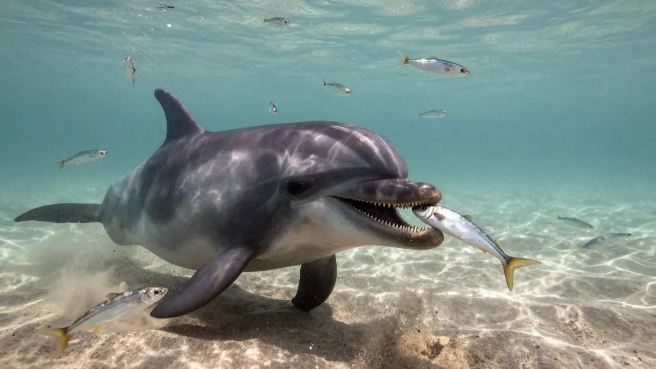 Delfín chytá ryby v moři, jeho zuby jsou viditelné při útoku na sardinky.