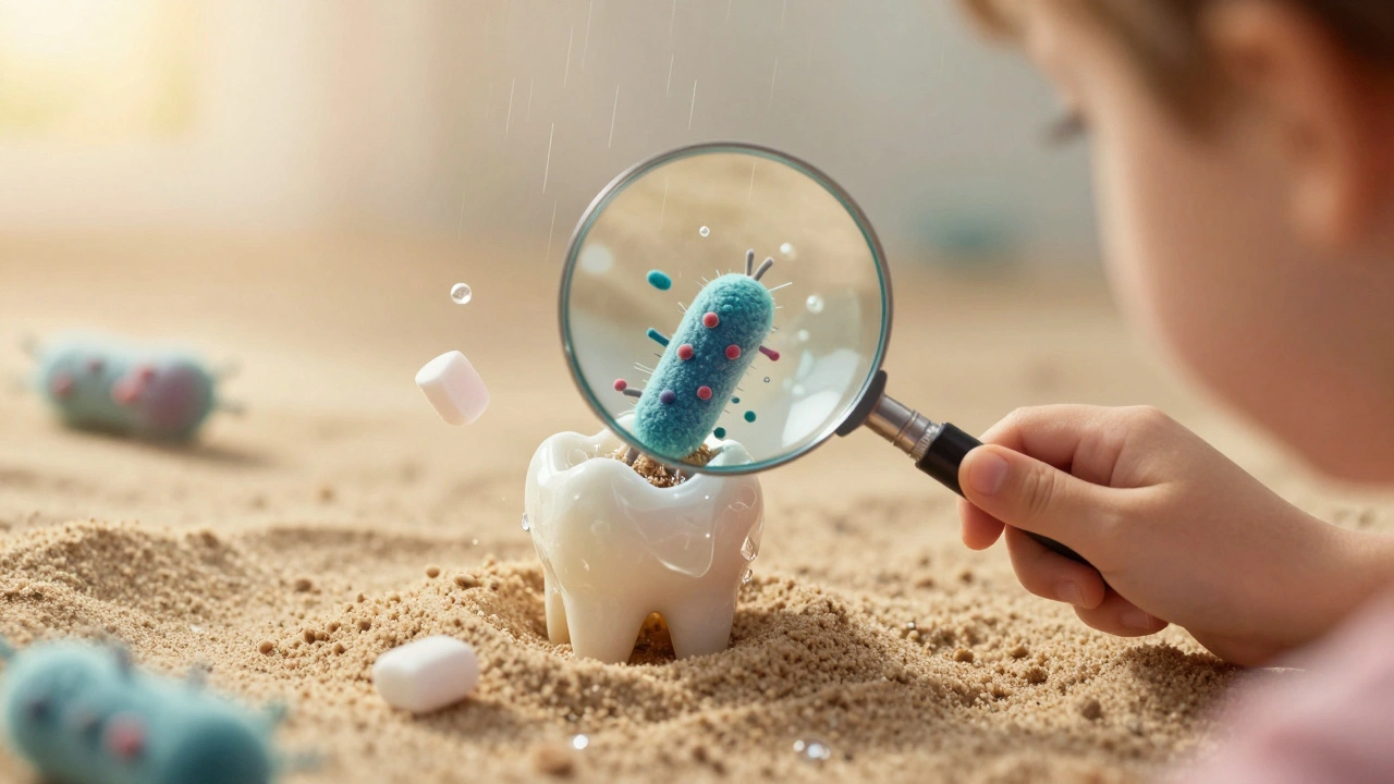 Dítěte zub pod lupou, kde bakterie ničí emal – xylitolová žvýkačka neutralizuje kyselinu.