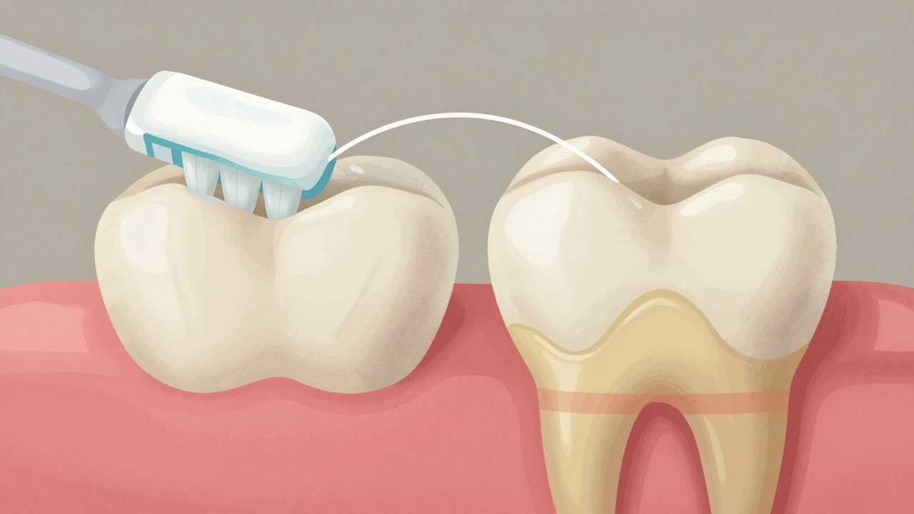 Dva typy zubní sklovinky: zdravá a poškozená, ilustrující důsledky příliš častého používání abrazivní pasty.