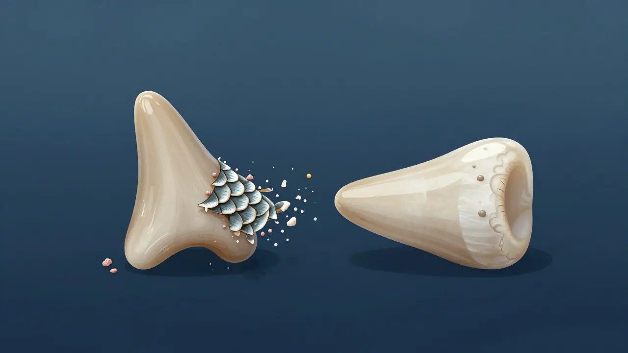 Dva zuby delfína: jeden ostrý a jeden opotřebovaný, symbolizující evoluci.