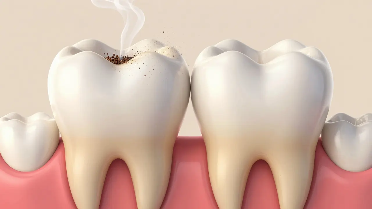 Dva zuby: jeden s povrchovými skvrnami, druhý s vnitřním zbarvením, znázorňující omezení bělící pasty.