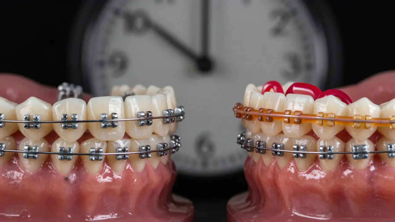 Dvě srovnávací zubní oblouky: kovová vs. keramická rovnátka s zbarvenými šňůrkami a bílými skvrnami.