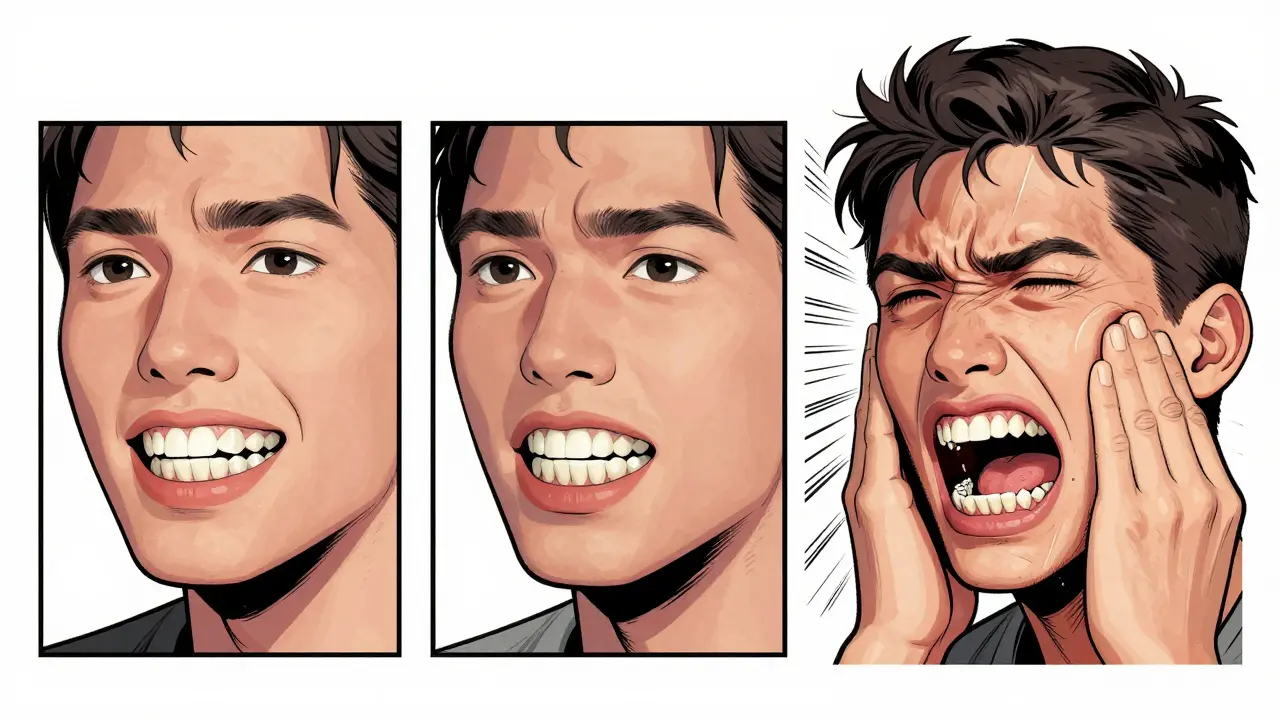 Ilustrace postupného poškozování zubů a dásní při nelečeném hlubokém skusu.