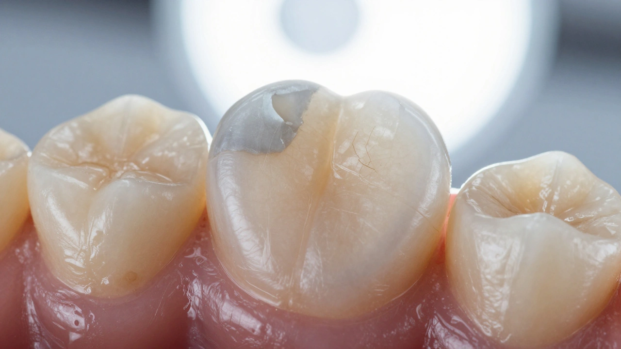 Jak vypadá poškozená sklovina u kompozitních fazet?