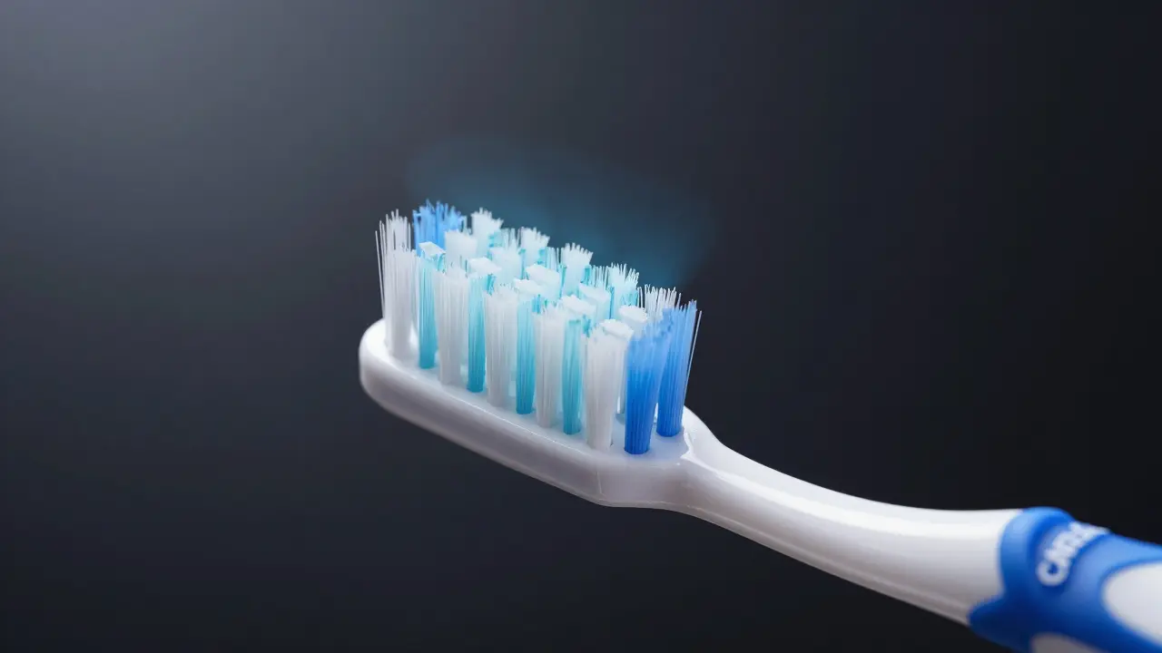 Jemný zubní kartáček Curaprox s hustými štětinami mezi zuby.