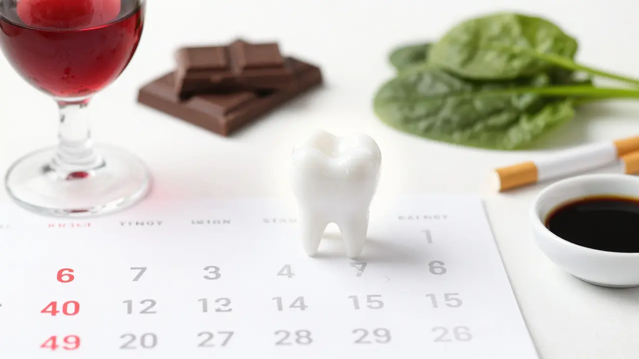 Kalendář s prvními 48 hodinami po bělení, kolem něj zakázané potraviny a zářící bílý zub.