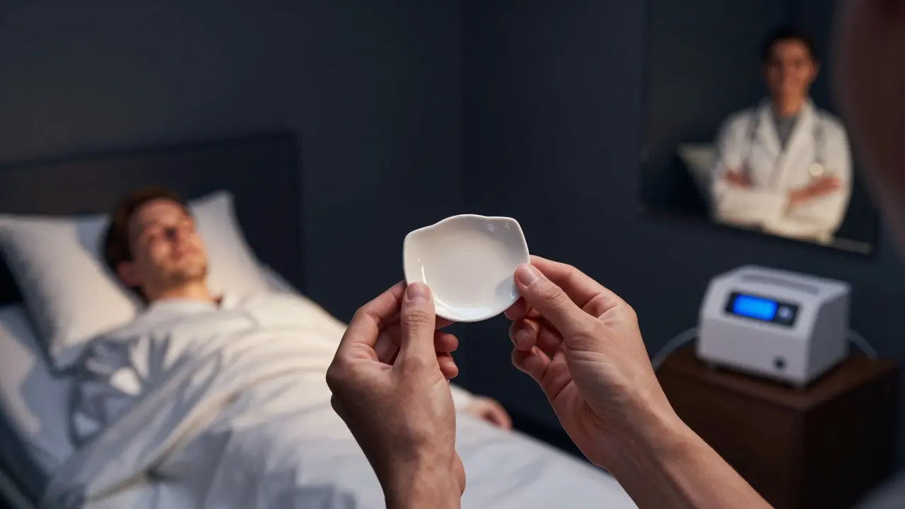 Keramická fazeta v ruce vedle vypnutého CPAP přístroje a zrcadla s úsměvem.