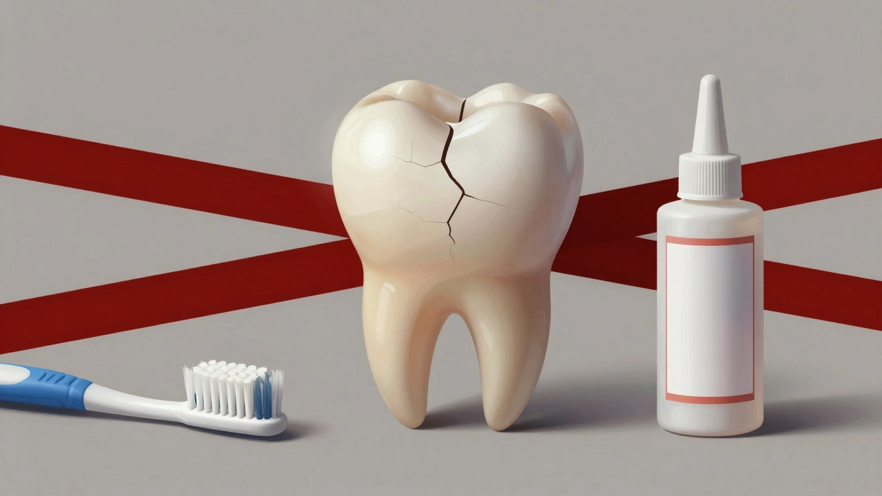 Konceptuální obrázek: bezpečná oprava zubu vs. nebezpečné domácí řešení.