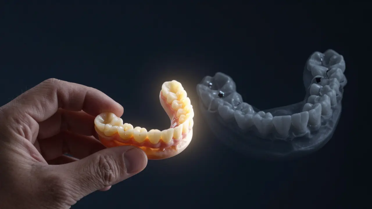 Kontrast mezi poškozenou protézou a zdravým implantátem s jemným zářivým efektem.