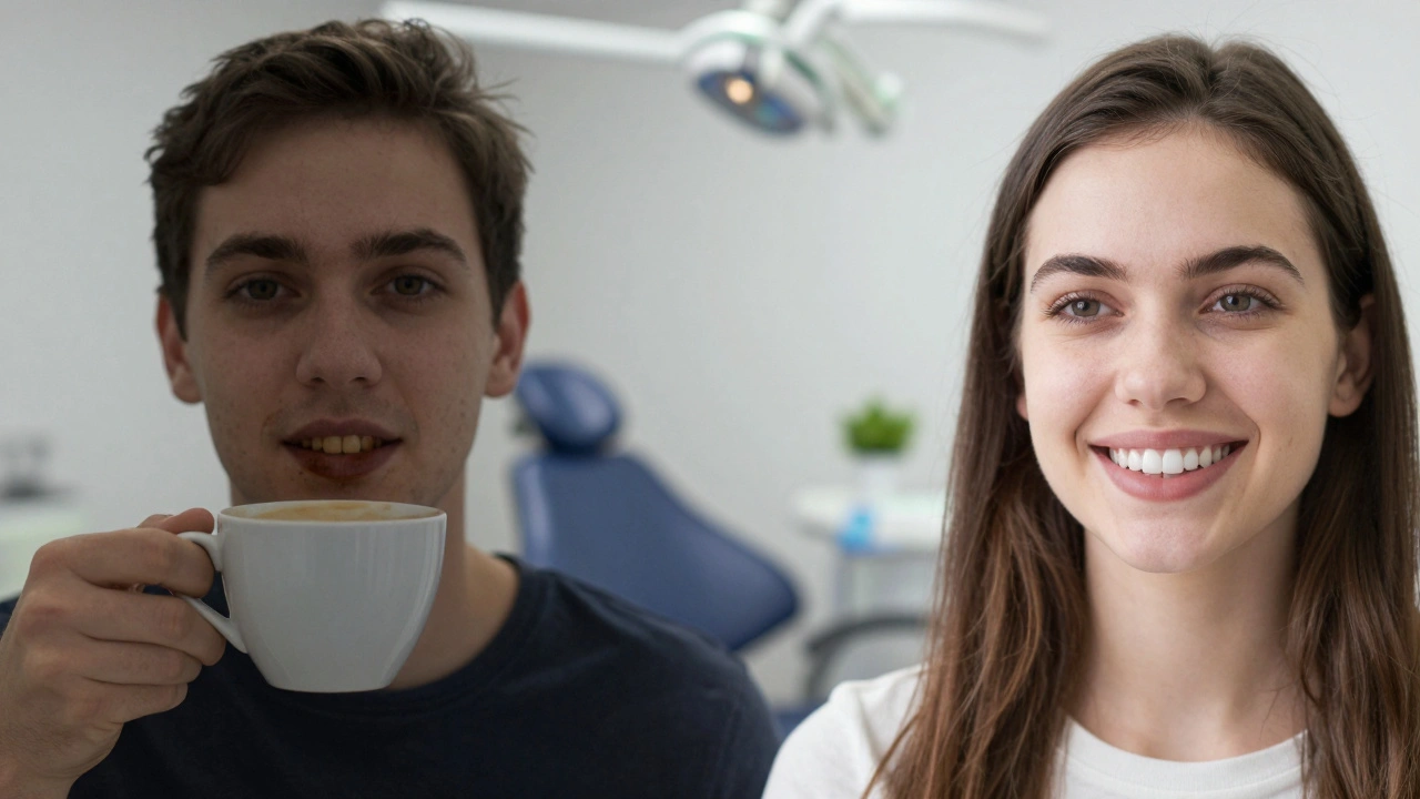 Kontrast mezi tmavými a bělými zuby: před a po profesionálním bělení.