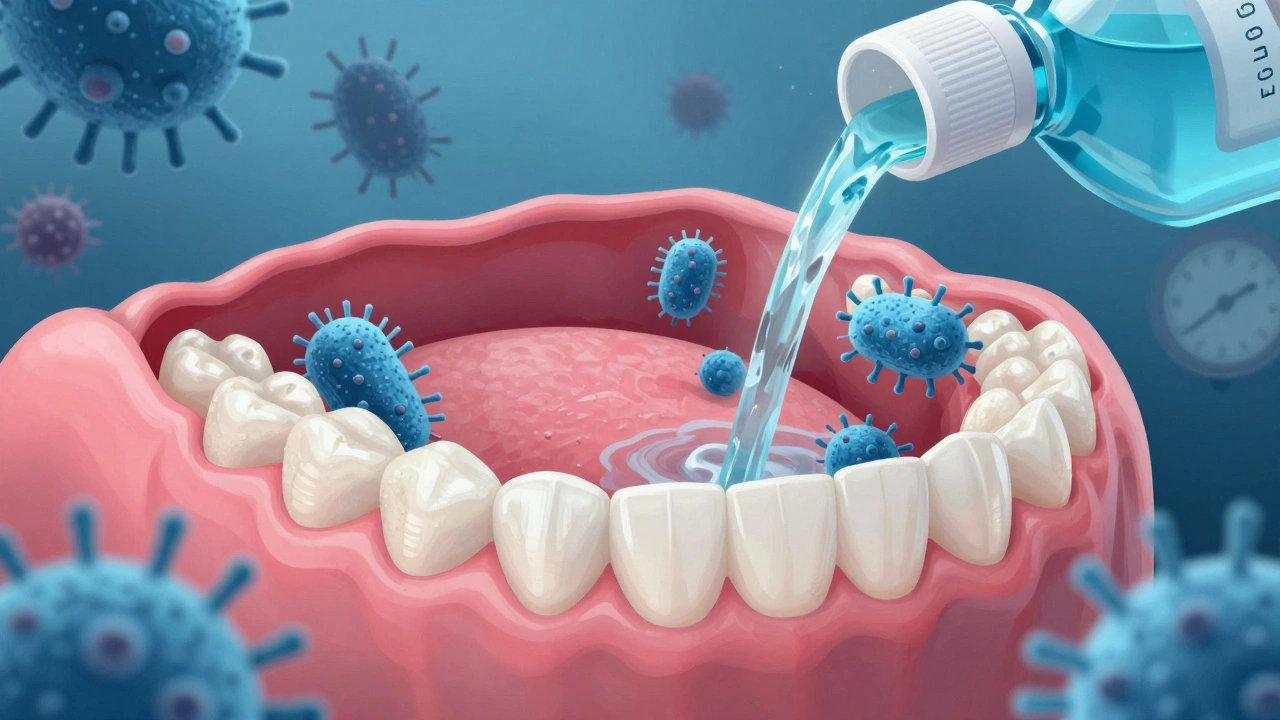 Konzepční obrázek zdravého ústního prostředí s ústní vodou.