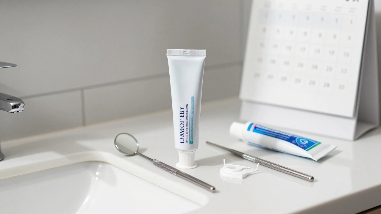 Koupelna s bělící pastou, fluoridovou pastou a kalendářem označujícím jen několik dní měsíčně pro užití.