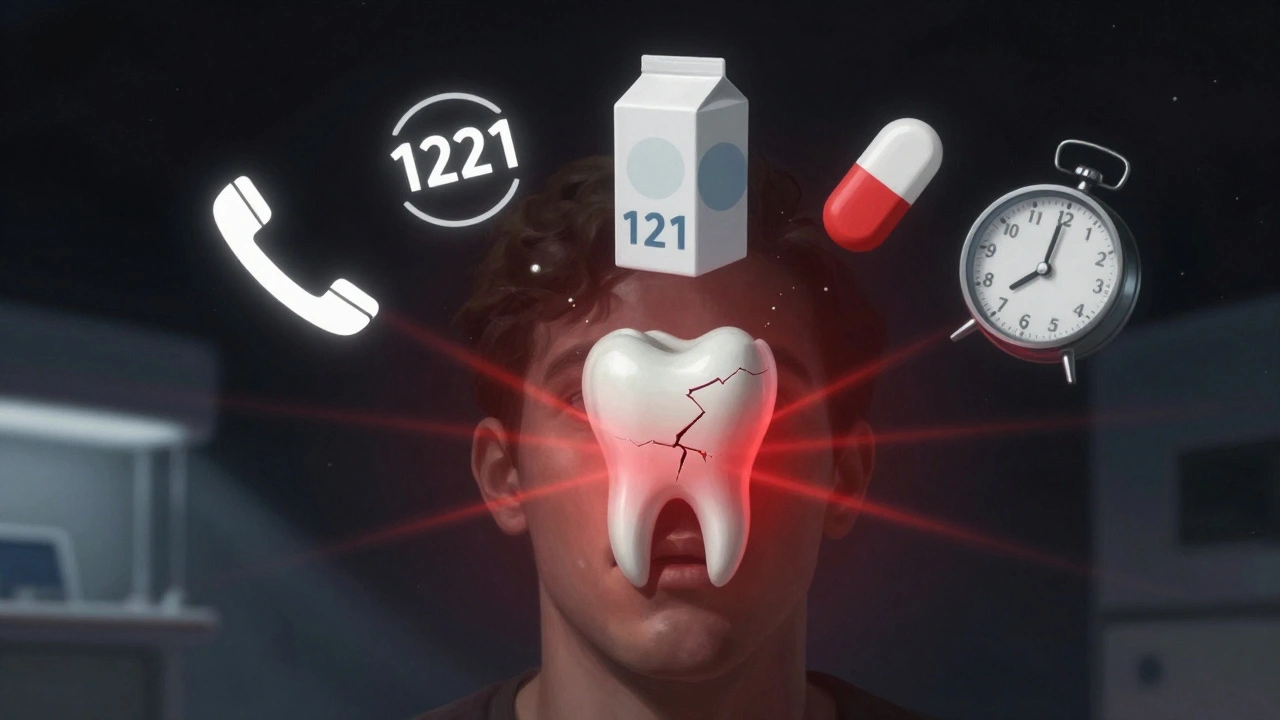 Křehký zub s bolestí a symboly nouzové pomoci: telefon, mléko, lék a hodiny.