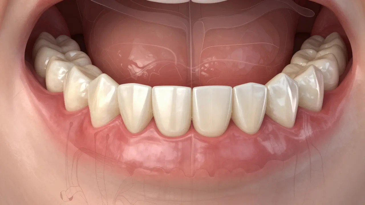 Křížový řez čelisti s keramickými fazetami obnovujícími výšku zubů a rovnoměrně rozdělujícími zátěž.