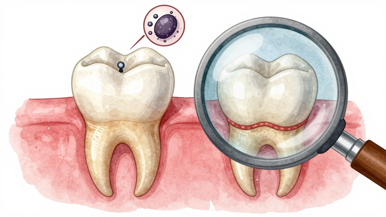 Magnified comparison of healthy tooth margin versus bacterial buildup under a crown.
