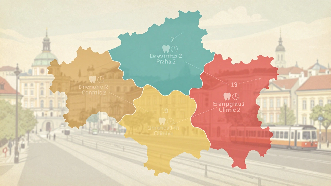 Mapa Prahy s označenými pěti pohotovostními zubními klinikami v různých oblastech.