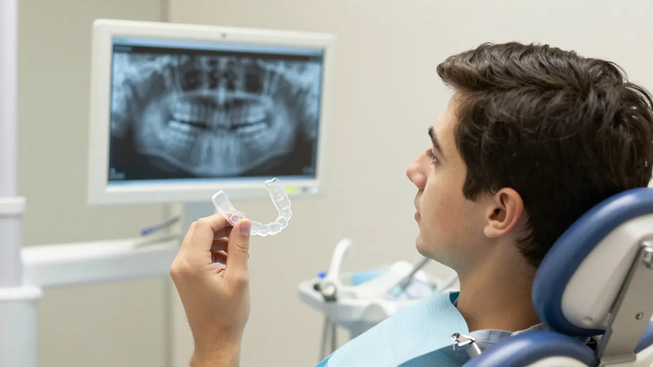 Mladý muž drží noční štětici a dívá se na rentgenový snímek svých zubů.