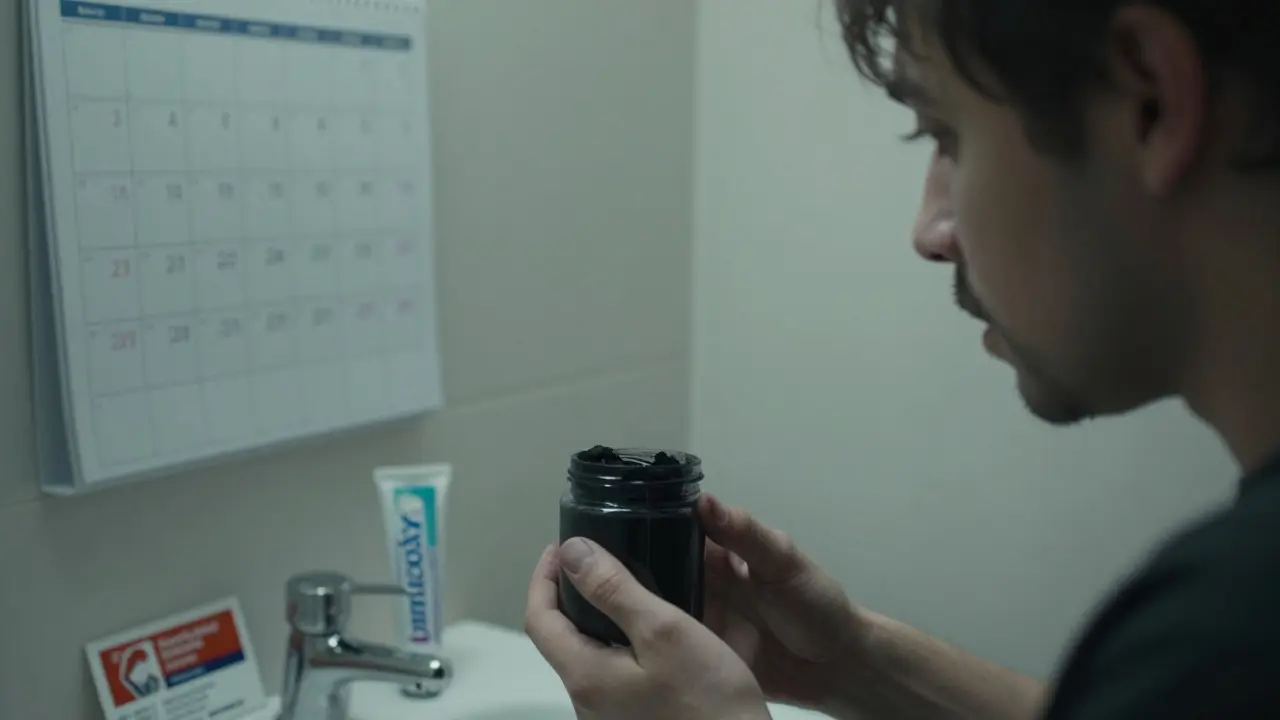 Osoba hledí do zrcadla s obavami o své zuby po použití černého uhlí.