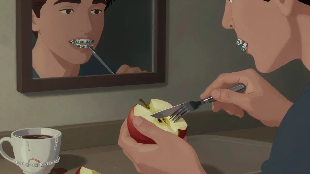 Osoba nakrájí jablko na kousky, zatímco nosí keramická rovnátka s zbarvenými šňůrkami.