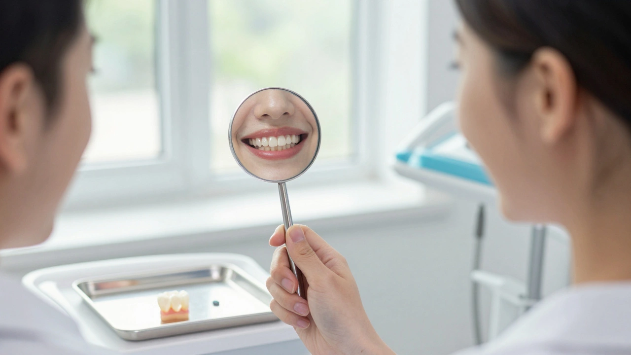 Pacient s korunkou na zubu a zrcátkem ukazujícím úspěšné ošetření