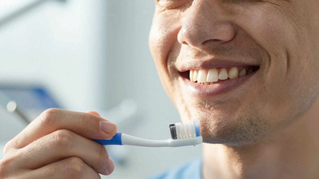 Pacient se široce usmívá s přirozeně vypadajícími zuby a implantátem.