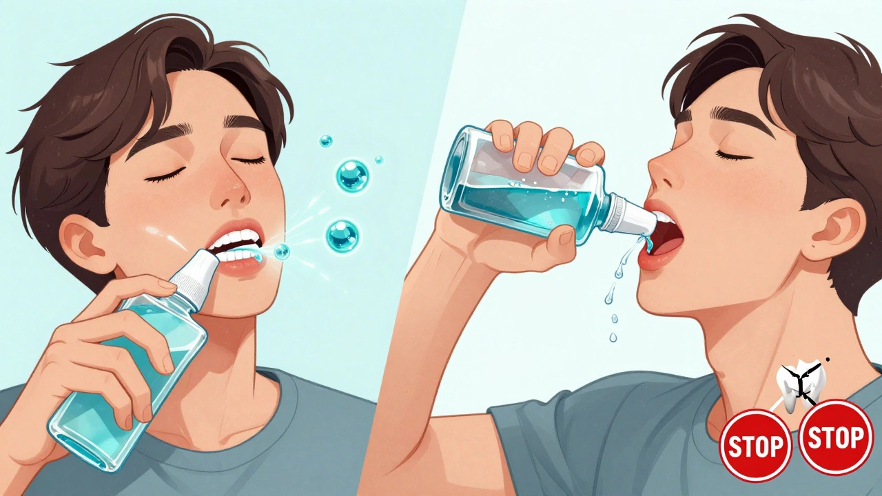 Porovnání správného a špatného používání ústní vody v ústech.