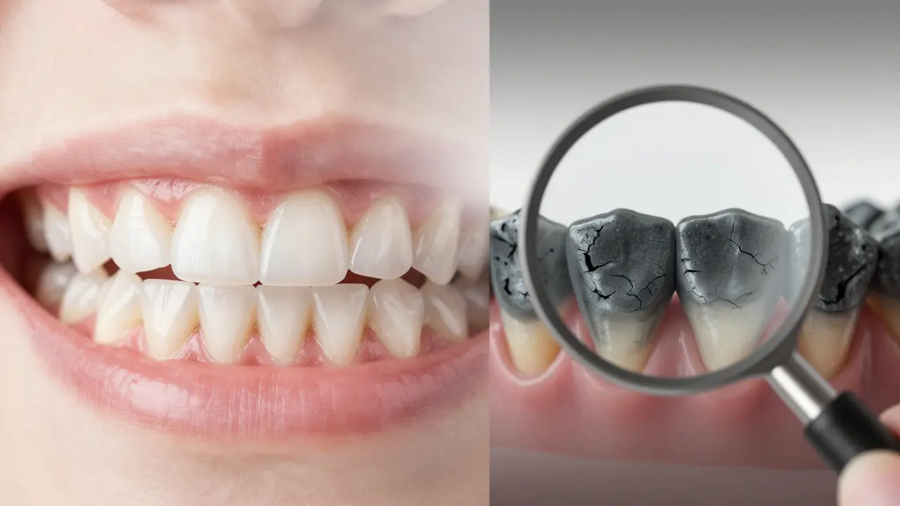 Porovnání zdravých zubů a zubů poškozených černým uhlím.