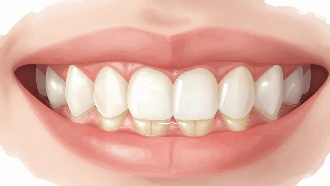 Přehled zubů s tenkou lepkavou vrstvou plaku podél dásní.