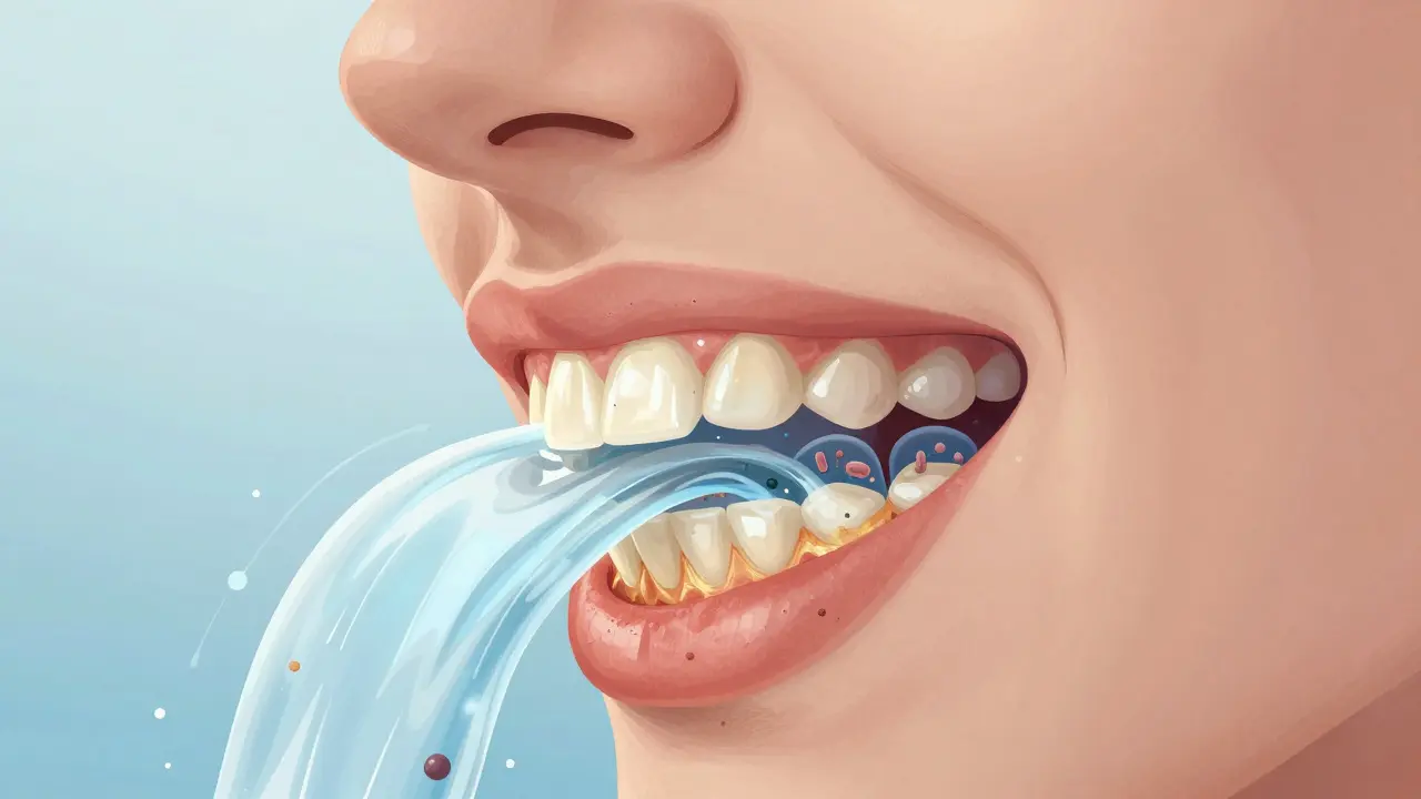 Profily úst s proudem sliny vytvářejícím zubní kámen na vnitřní straně zubů.