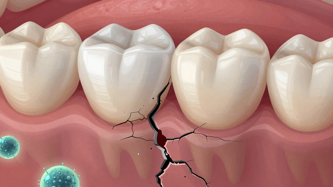 Průřez kompozitní plombou s mikrotrhlinami a bakteriemi pronikajícími pod povrch.