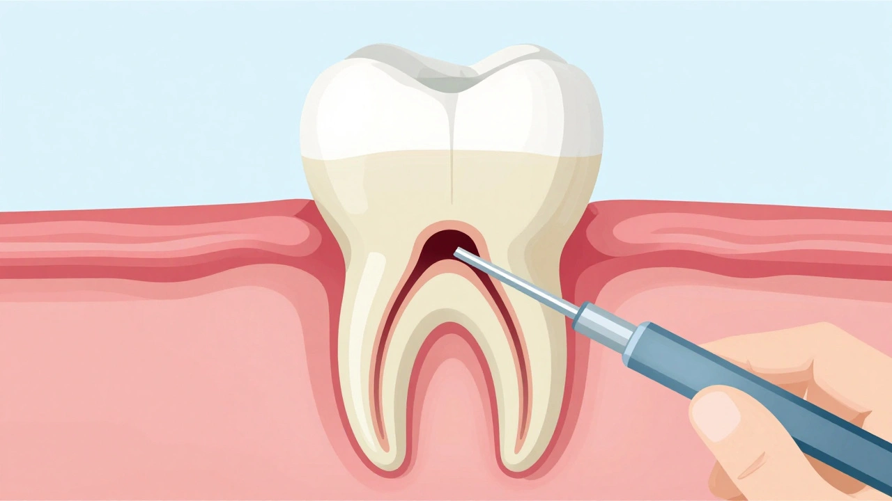 Průřez moláru s viditelnými kořenovými kanálky během čištění a vyplnění