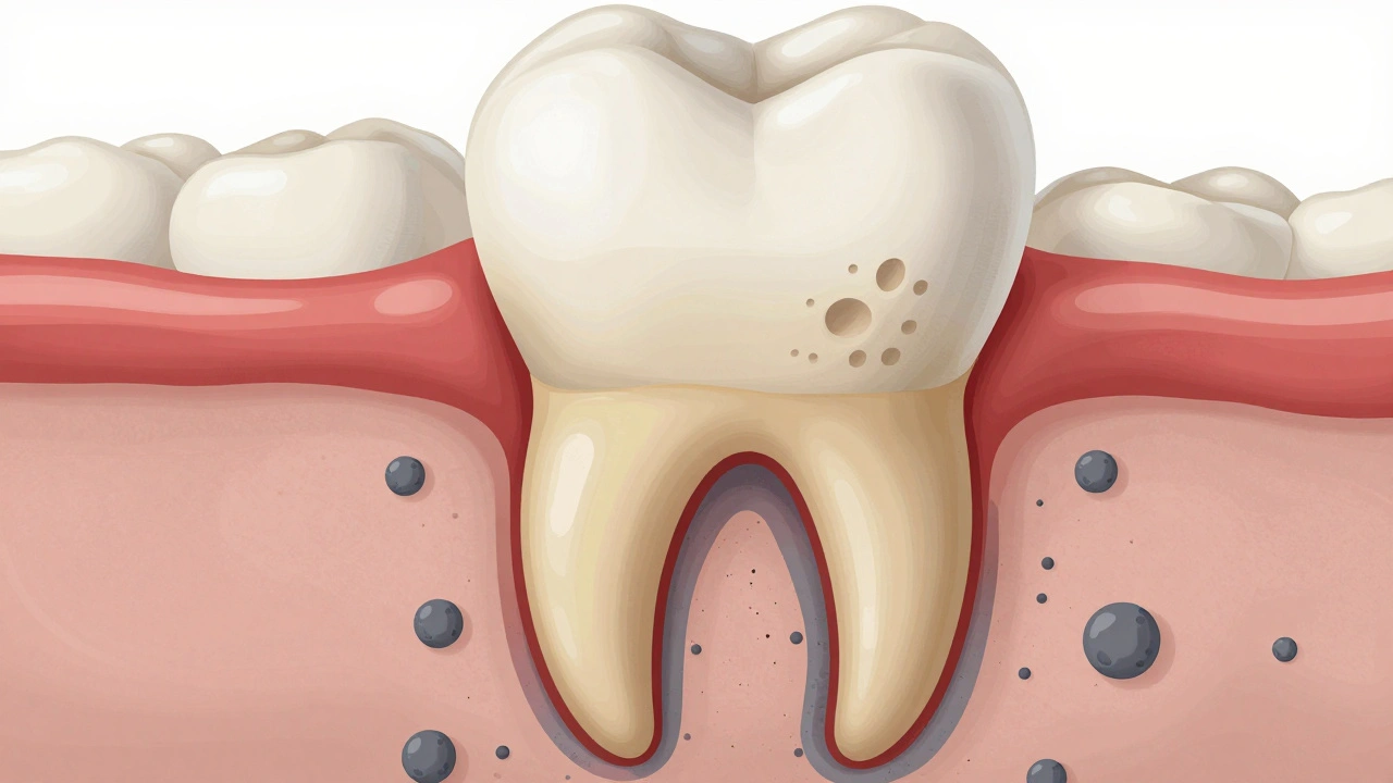 Průřez zubem ukazující postup kazu od emalí do dentinu.